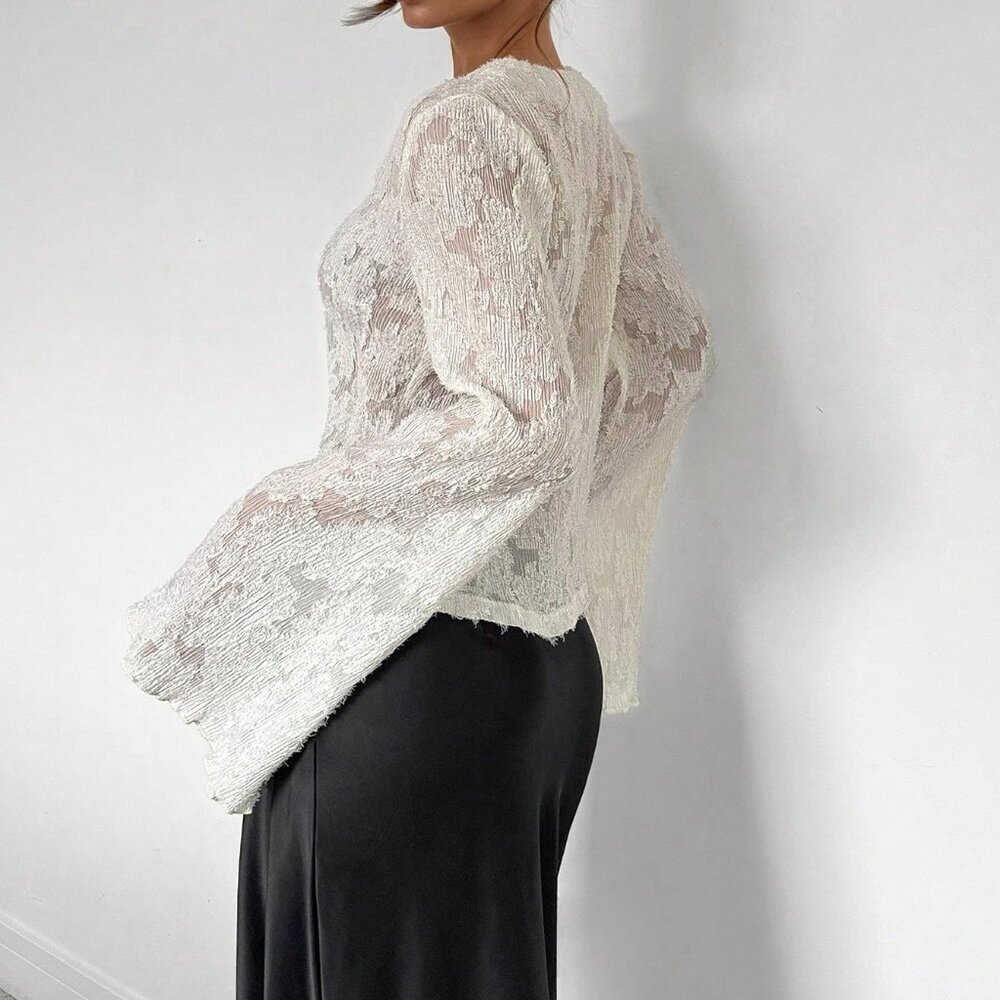 White Elegant Women's Lace Bell Sleeve Blouse - Picture 2 of 6